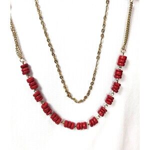 Boho Layered Red Bead Necklace Chain 42 in. Gold Tone
